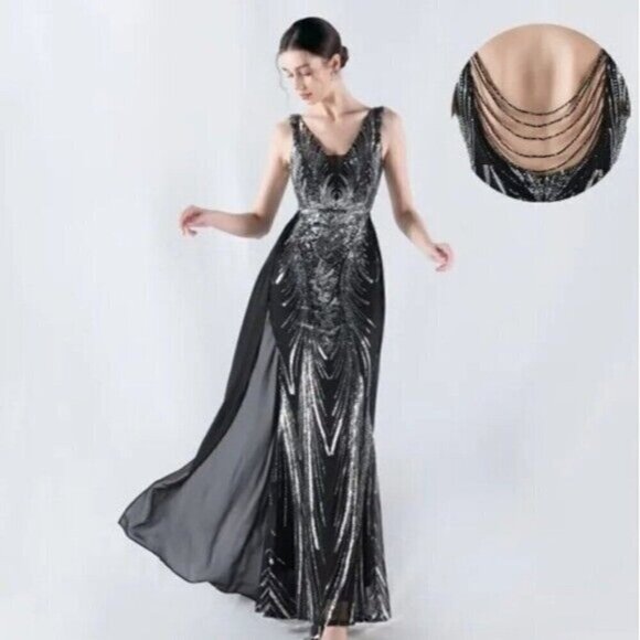 Black, Draped Skirt, Beaded Back,  V Neck,  Sleeveless, Sequined Mermaid… - Picture 12 of 16